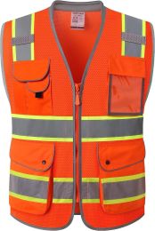 9 Pockets Hi-Vis Safety Vest Breathable Mesh Fabric Cushioned Collar Work Utility PPE Lightweight Industrial Work Gear ANSI/ISEA compliant (101-O